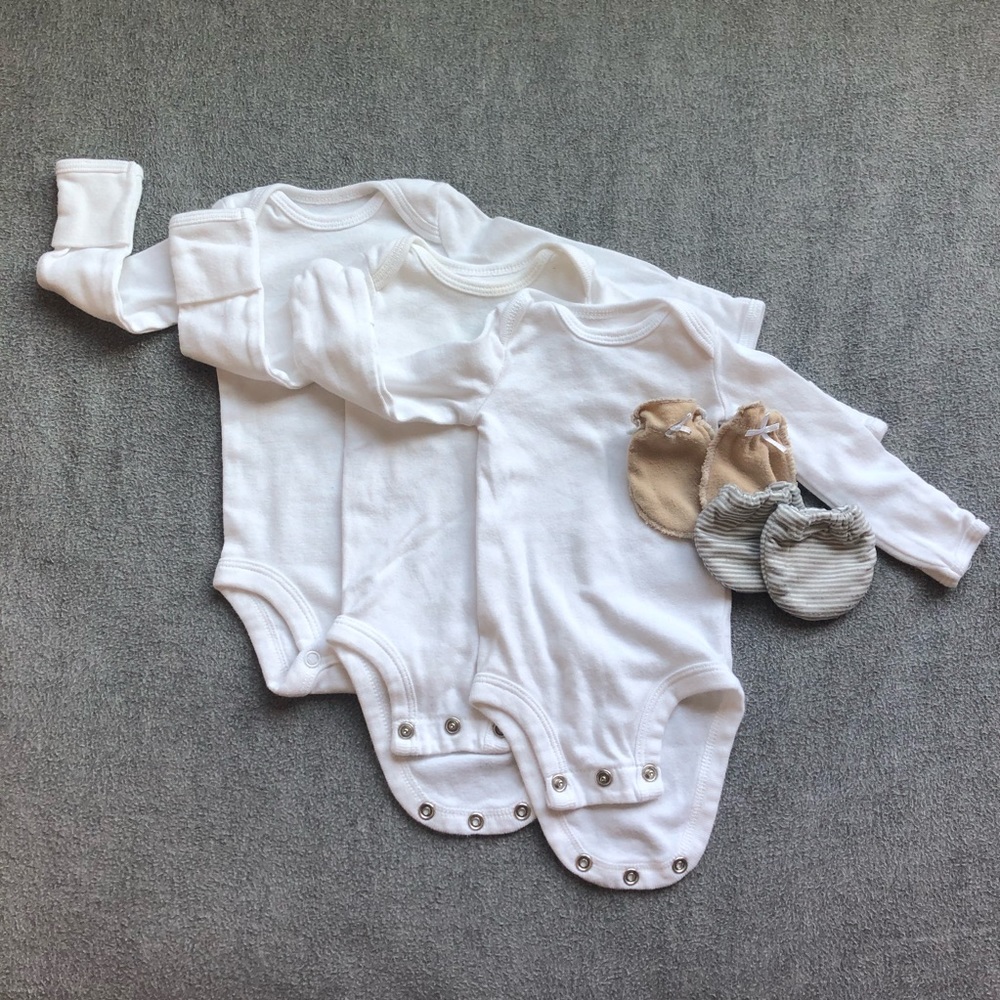 3 Plain White Onesies & Mittens
